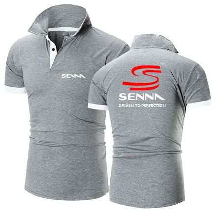 2025 Summer Man's Ayrton Senna Logo Print Trendy Breathable Loose New Solid Color Casual Short Sleeve Lapel Collar Polo Shirt