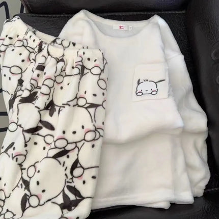 Kawaii Sanrio Hello Kitty Pajamas Cartoon Soft Plush Female Flannel Winter New Plus Velvet Thick Sweet Warm Tracksuit