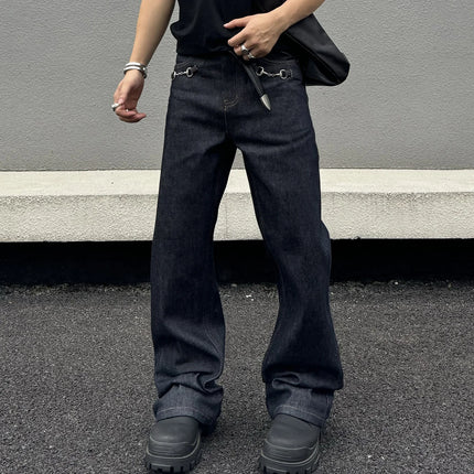 High Street Primary Colors Denim Metal Buckle Jeans Men Women Streetwear Loose Casual Retro Jeans Pants Trousers