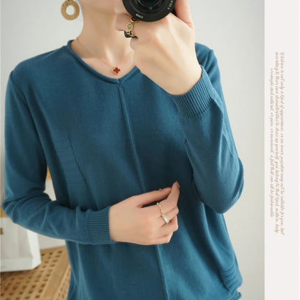 2023 Autumn/Winter Women's New Pullover Casual Solid 100% Cotton Knitted V-Neck Loose Sweater Fashion Soft Breathable Top