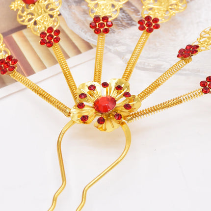 New Golden Alloy Leaf Crystal Flower Hairpin Hair Accessories for Women Thailand Ethnic Dance Party Decoration Headwear Jewelry