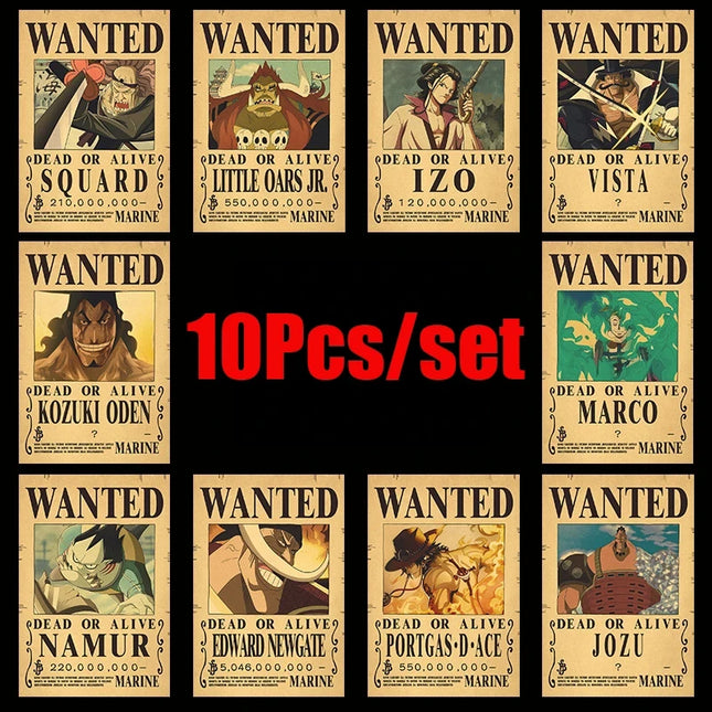 10Pcs Anime One Piece Luffy Wanted Vintage Posters Set for Room Wall Decoration Cartoons Zoro Wanted Painting Stickers Toys Gift