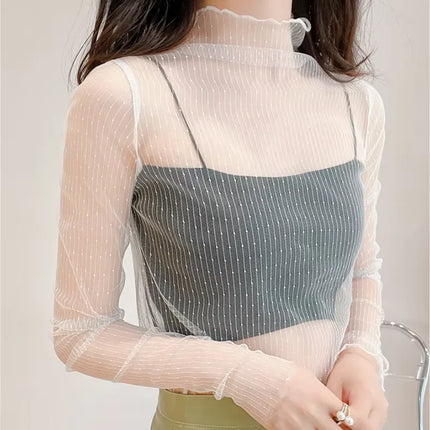 Women's Lace Bottom Blouse T-shirt Spring and Autumn Long Sleeve Mesh Crop Top Foreign Style Sexy Hollow Mesh Top High Neck 2024