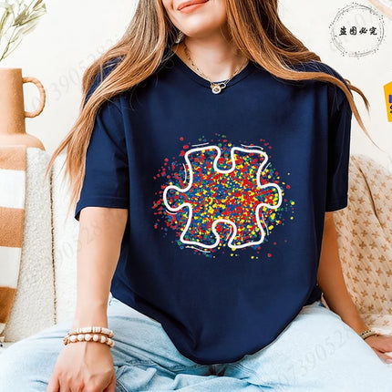 2026 Trendy Women's Autism Awareness T-shirts Creative Colorful Splatter Puzzle Graphic Female Clothing Short Sleeve Casual Tees