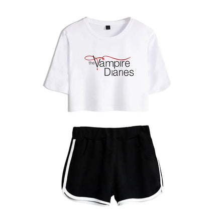Fashion Youthful The Vampire Diaries Short Sleeve Women Sexy Shorts+lovely T-shirts Dew navel Pretty Girl suits Two Piece Set