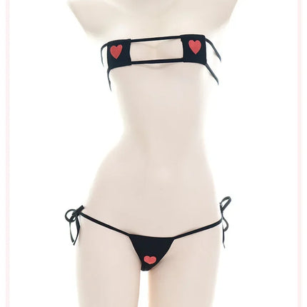 Women Japanese Sexy Lingerie Lolita Kawaii Heart Bandage Anime Cosplay Mini Bikini  Erotic Costume Bra Underwear Set