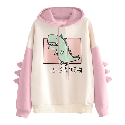 Winter cartoon printed dinosaur color blocked hoodie, campus casual and cute style