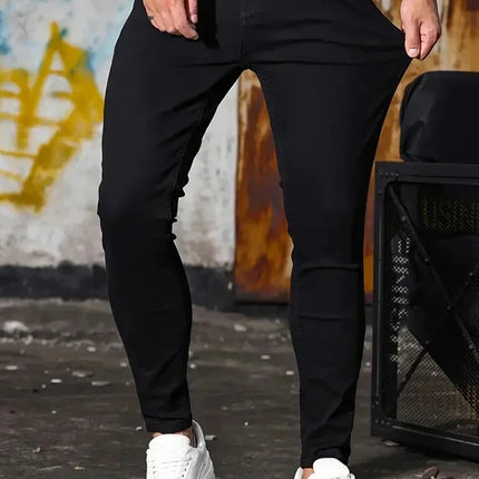 Men Jeans Stretch Skinny Denim Pants Solid Color Black Blue Spring Luxury Street Harajuku Hip-Hop Style Slim Fit Trousers Brand