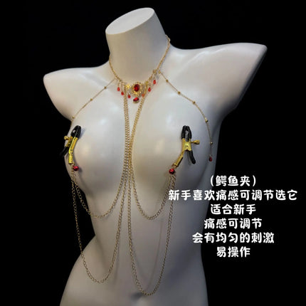 Red Gem Nipple Clamps Body Chain Integrated Sensual Body Restraint Sexy Accessories Breast Clips Bell Pendants Adult Sex Toys