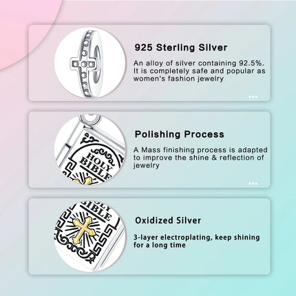 925 Sterling Silver Hope and Salvation Book Golden Holy Bible Cross Religion Pendant Fit Charms Bracelets Women DIY Jewelry Gift