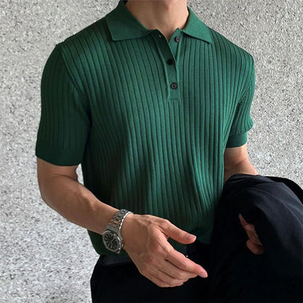 Summer Men's Retro Knitted Lapel Striped Polo Shirt Solid Color Short Sleeve Fashion Light Luxury Popular Knitwear M-3XL