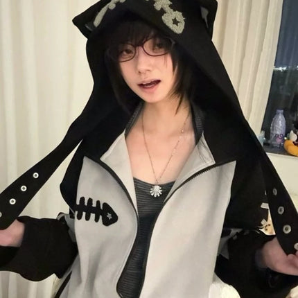 Japanese Subculture Patchwork Loose Hoodie Women Casual Punk Long Sleeve Sweet Vintage Jacket Gothic Punk Embroidery Sweatshirts