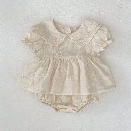 Summer Baby Girl Clothes Embroidery Newborn Romper Dress Peter Pan Collar Floral Cotton Short Sleeve Baby Bodysuit 0-24 Months