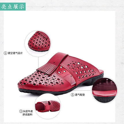 New Women's Breathable Perforated Leather Mules Vintage Tassel Slip on Flats Woman Casual Summer Shoes Hollow Slippers Outdoor