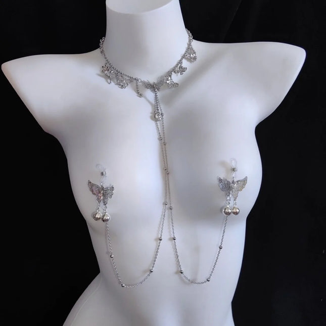 New Nipple Clamps with Butterfly Bells and Collar Detachable Stimulating Nipple Clamp Chain for Couples' Teasing Adult Sex Toys