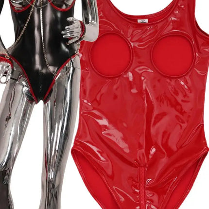 S-5XL Wet Look PVC Tank Catsuit Hollow Out Shiny PU Leather Zipper Open Crotch Bodysuit Tight Sexy Body Teddies Clubwear Unitard