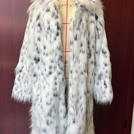 Women's Faux Fur Coat Long Autumn-Winter Fashion Casual Comfortable Warm White Leopard Print Long Sleeve Lapel Fox Fur Coat