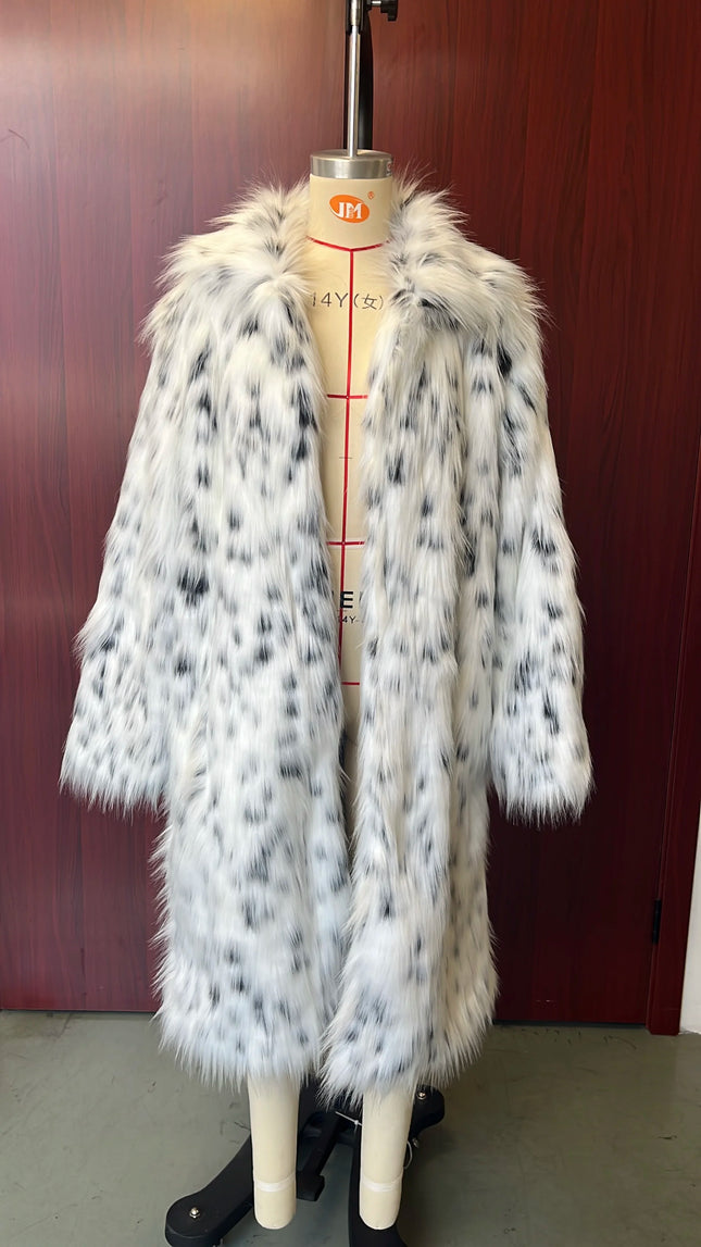 Women's Faux Fur Coat Long Autumn-Winter Fashion Casual Comfortable Warm White Leopard Print Long Sleeve Lapel Fox Fur Coat
