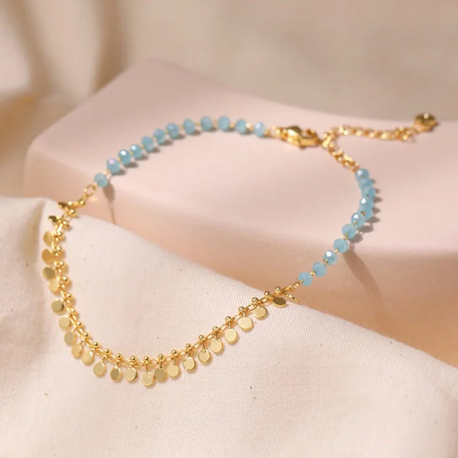 Vintage 18K Gold Plated Tassels Charm Anklet for Women Elegant Summer Beach Boho Light Blue Crystal Beads Chain Vocation Jewelry