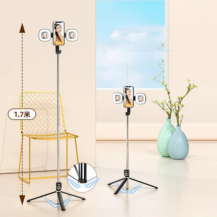 4 in 1 Phone Mount 1.7m Extendable live Tripod Selfie Stick Support LED Ring Dual Light Mirror Stand for iPhone 15 14 11 Android