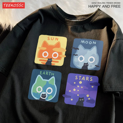 Astronomical Cat Triple Summer Loose Short-sleeved T-shirt Men Women Japanese Style Men's Pure Cotton Sun Moon Earth Couple Tee