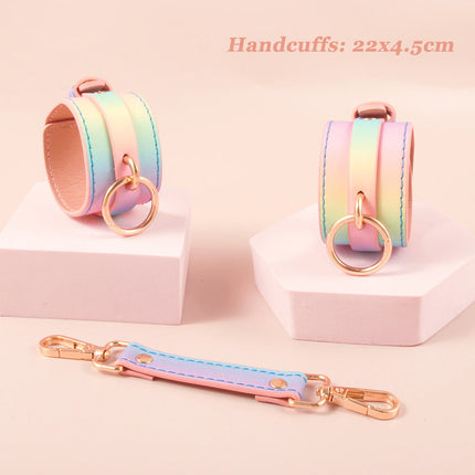 SM Bondage Luxury Set For Women Sex Toys Rainbow Leather Handcuffs/Blindfold/Collar/Gag Sex Bondage Fetish for Couples BDSM Toy