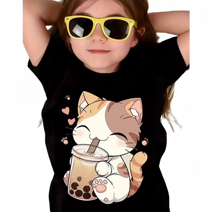T-Shirts for Girls Fashion Capybara Children Clothes Summer Girls Clothes 7 to 8 Years Tops Cute Cat Printed Tees Child T-Shirt