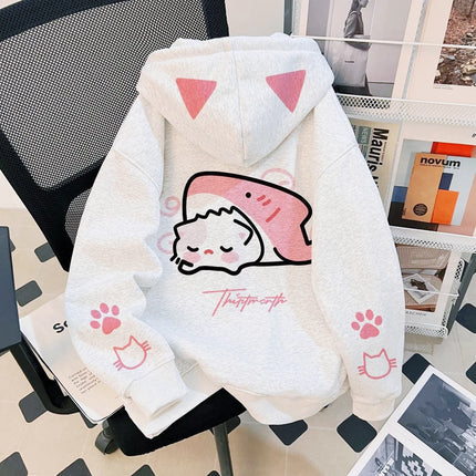 Creative Cartoon Cute Cat Shark Hooded Sweatshirt for Autumn and Winter, Loose and Casual Suitable for Both Boys and Girls