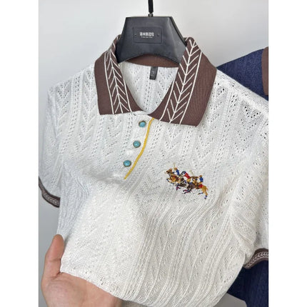 High end hollowed out jacquard knitted polo shirt brand embroidered men's summer short sleeved lapel t-shirt light luxury retro