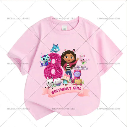 New Gabby Dollhouses Pink Short Sleeve White T-shirts Girls Tops Cotton Summer Casual Birthday Number T-shirt Party Supplies Tee