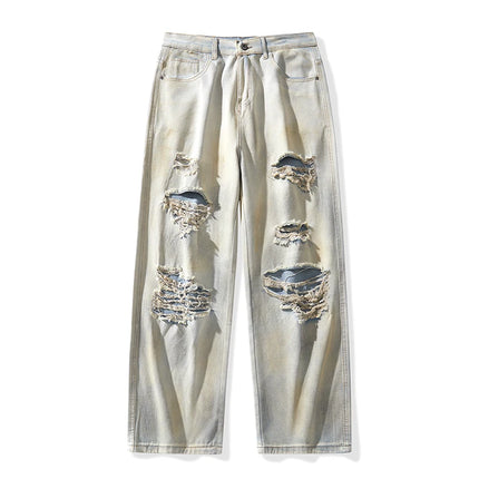 Fashion Jeans Wide-Leg Pants Men's Loose Old Jeans American Hip-hop High-waisted Jeans Ripped Print Casual High Street Trousers
