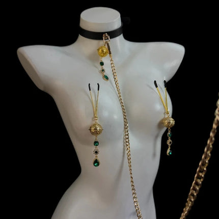 Erotic Emerald Nipple Clamps Bell Collar Female Anal Stimulator Gold Leash Chain Sexy Accessory Set BDSM Adult Sex Toys 18+