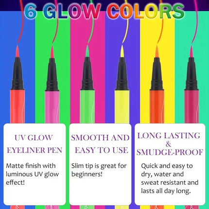6pcs Glow in the Dark Face,Body Paint Set,Shimmer Liquid Eyeliner, Neon Fluorescent Makeup Sticks for Halloween,Music Festivals