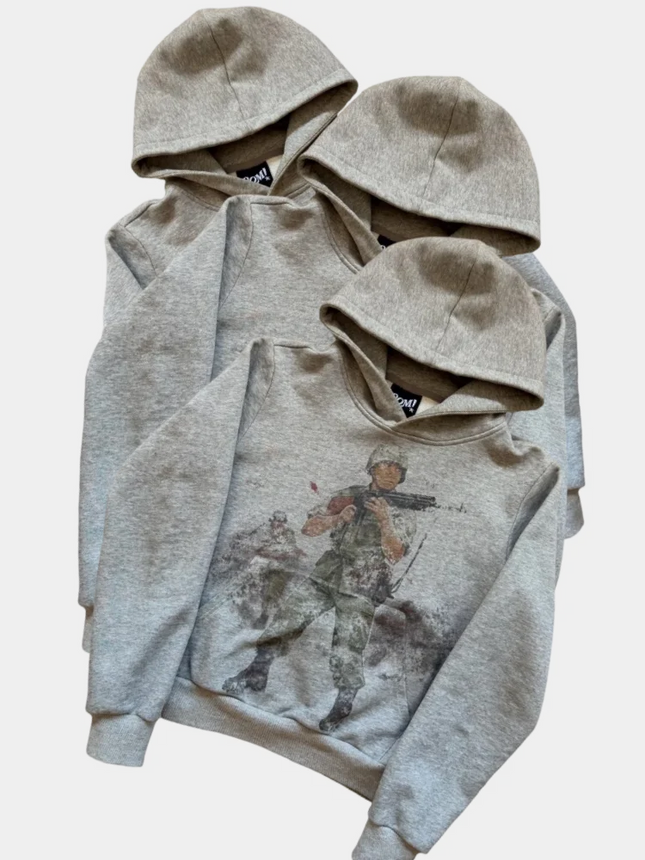 European and American Autumn and Winter Sports Hooded Pullover Retro Printing Pictures Men and Women Same Grey Loose Hoodie