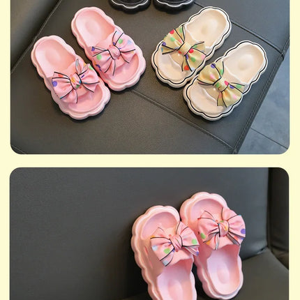 Children Slippers Girls Wearing Soft Soled Slippers Outside Cute Bow Anti Slip Bathroom Slippers Contrast Color Kid Slippers