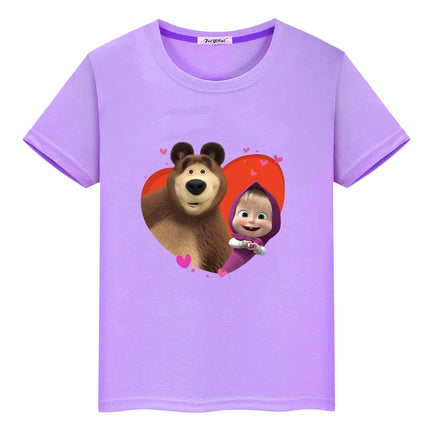 Anime Bear Print T-shirt for Kids Boy 10 Years Cute T-shirt Kawaii Tops Y2K One Piece 100% Cotton Cartoons Short Girls' Clothes