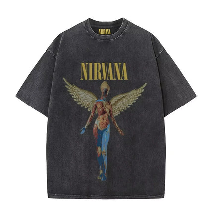 Nirvana rock band men's Retro cotton Washed Tee In Utero album man Women's oversized Y2K distressed T-shirt Casual Loose streetwear