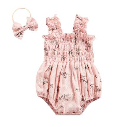 Infant Baby Girl's Sleeveless Jumpsuit Floral Print Elastic Bust Shoulder Straps Romper Bow Headband