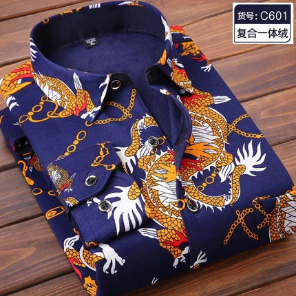 Autumn Winter Thicken Fleece Shirt Men Business Plaid Shirt Long Sleeve Warm Clothes Turn Down Collar Button Up Warm Shirts Male