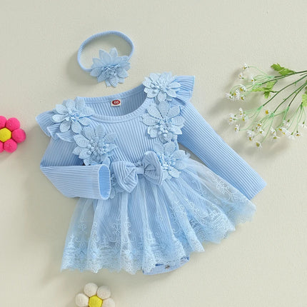 Pudcoco Infant 2-Piece Baby Girls Set 3D Flower Bow Long Sleeve Mesh Dress Romper Headband Adorable Ribbed Outfits 0-18M