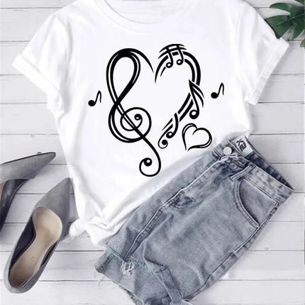 Fashion Women T Shirt Musical Note Printed T Shirt Casual Black Tops 90s Ladies Girls Tee Shirt Female Harajuku Graphic T-shirt