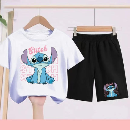 Kids Disney Stitch Print Summer Cute Breathable Tees + Shorts 2pcs 3-12 Years Boy Girls Round-neck Set Children Leisure Clothing