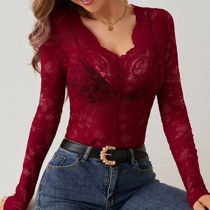 Women Sexy Base Layer Shirt Solid Black Sheer Lace Top Slim Flower Scallop Trim V Neck Long Sleeve T-shirt Trendy Tight Lace Top