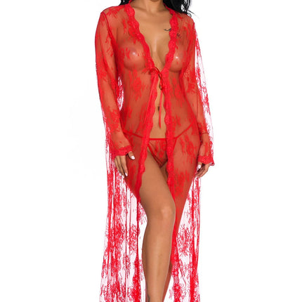 Women's Sheer Floral Lace Robe Long Sleeve Deep V-Neck Open Front Maxi Nightgowns with Thong Sets Sexy Lingeries for Honeymoon