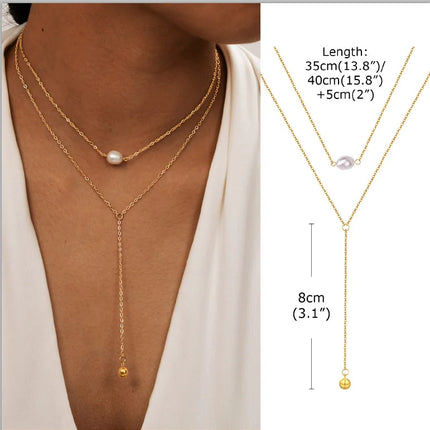 Gold Plated Stainless Steel Lariat Necklace, Dainty Long Layered Necklace for Women Girls, Y-Shaped Drop Pendant