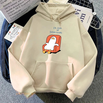 I'M SICK EVERYHING Funny Duck Cartoon Printed Hoodies Casual Sweatshirts for Women Winter Fleece Harajuku Street Hoody