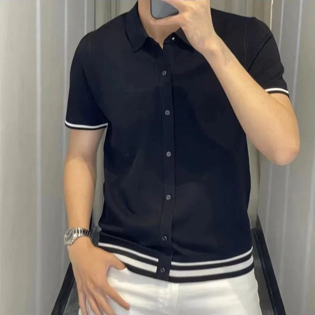 Light Luxury Fashion Solid Color Montage Stripe Lapel Slim Appear Thin Business Casual Polo Men's Short Sleeved Summer 2024