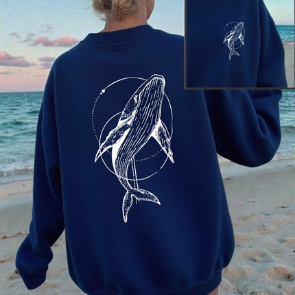 Humpback Whale Printing Sweatshirts Women Casual Crewneck Hoodies Winter Fleece Warm Pullover Loose Comfortable Womans Clothes