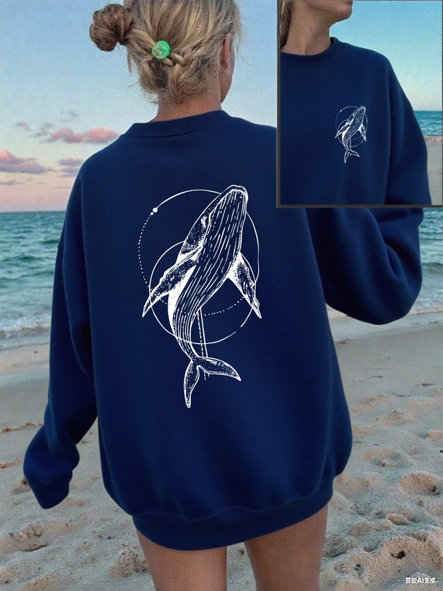 Humpback Whale Printing Sweatshirts Women Casual Crewneck Hoodies Winter Fleece Warm Pullover Loose Comfortable Womans Clothes