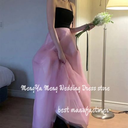 Simple Black And Pink Korea Evening Party Dresses A Line Strapless Wedding Photos Shoot Sleeveless Backless Corset Prom Dress